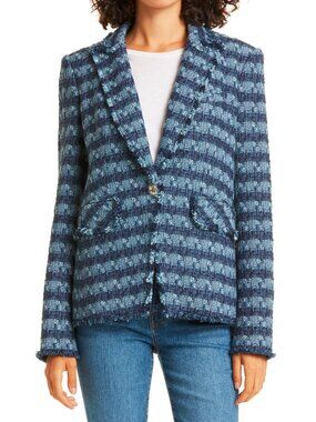 Veronica Beard Blue Striped Cutaway Tweed Dickey Jacket